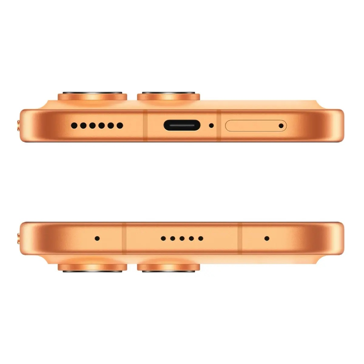Vista inferiore e superiore di uno smartphone dorato con porte, altoparlanti e carrellino SIM.