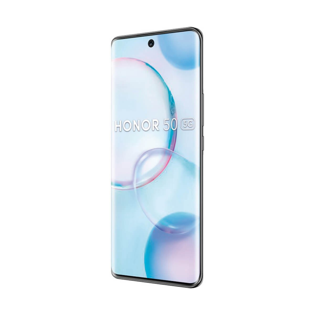 Smartphone Honor 50 5G in vista angolata con uno sfondo astratto colorato sullo schermo curvo.