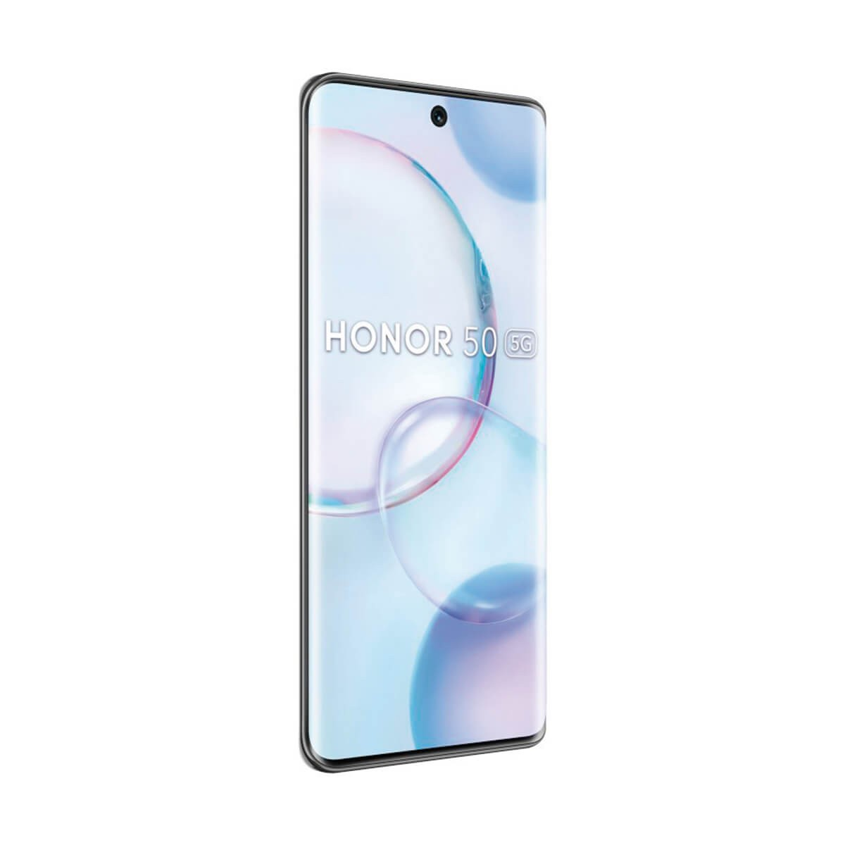 Vista frontale dello smartphone Honor 50 5G su sfondo bianco con bolle colorate sullo schermo.