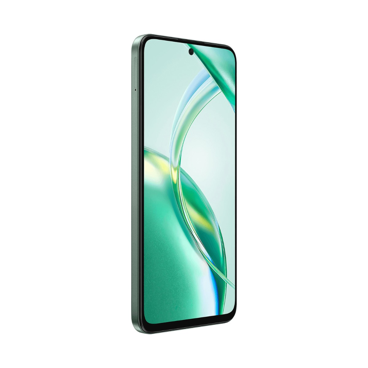 Uno smartphone verde chiaro con uno sfondo verde vorticoso sullo schermo su sfondo bianco.