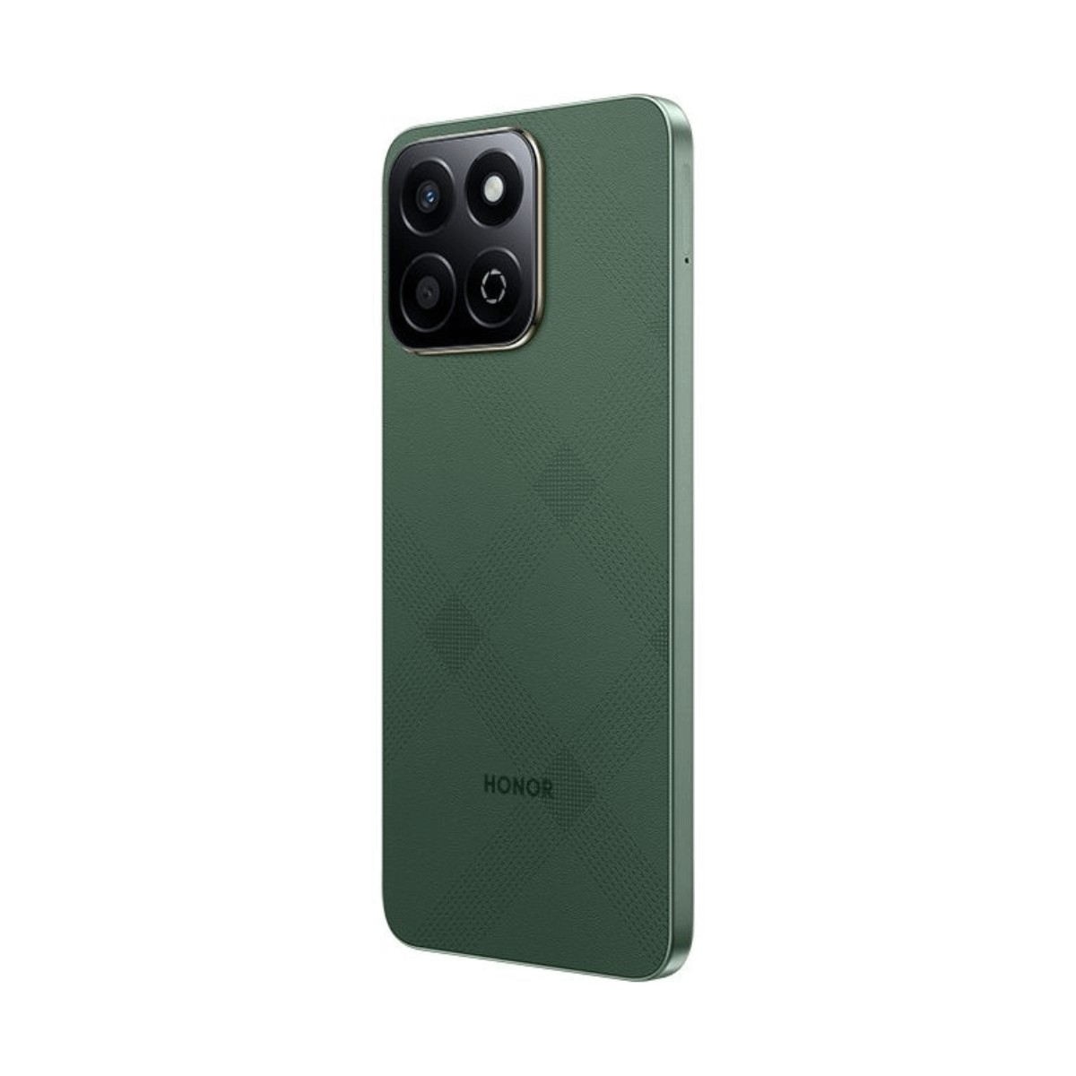 Smartphone Honor verde visto da dietro con modulo fotocamera quadrato e motivo a rombi.