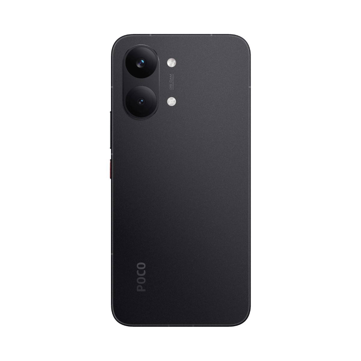 Dos d'un smartphone Poco noir avec double capteur sur fond blanc.