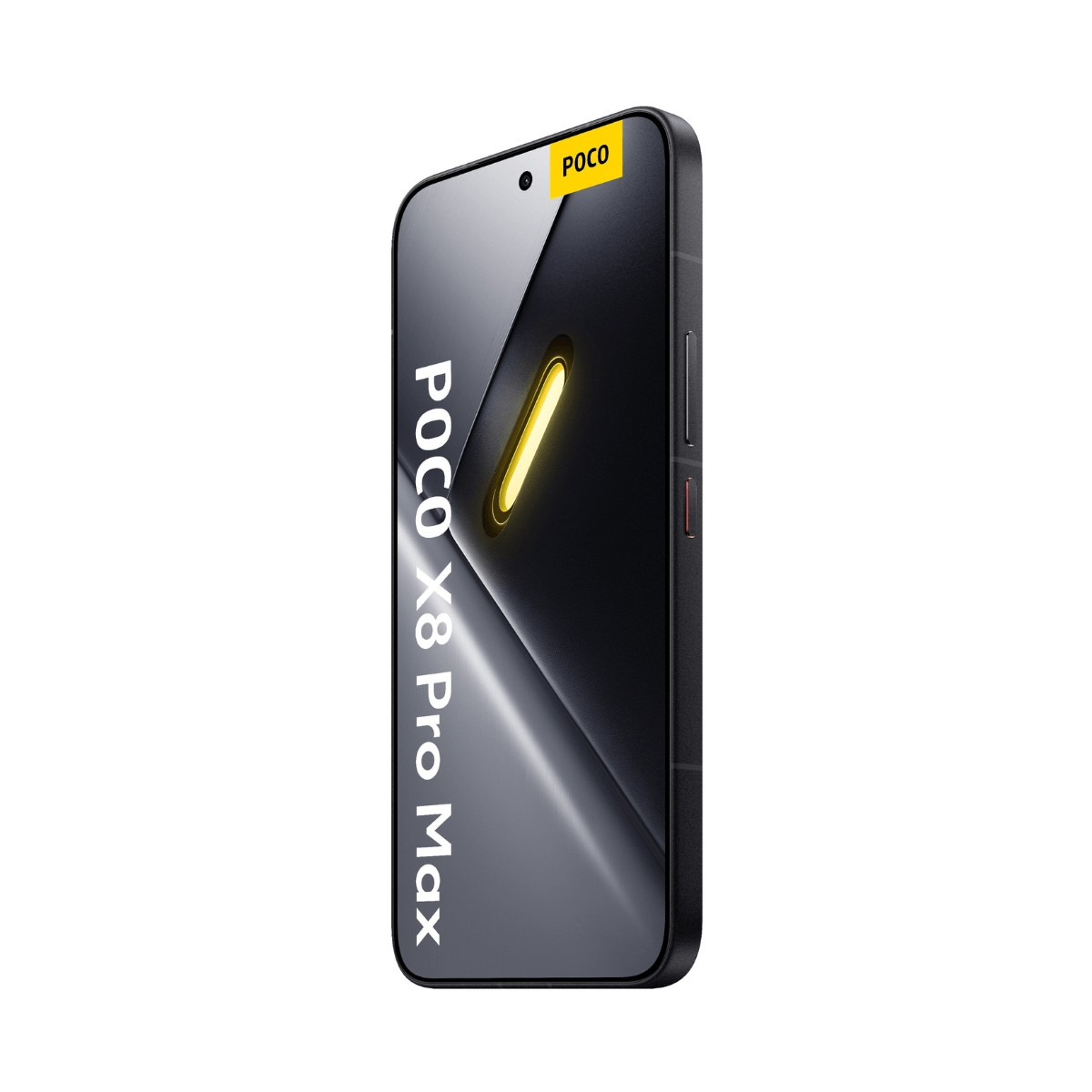 Un smartphone noir Poco X8 Pro Max incliné à droite, avec un graphique de capsule jaune lumineux.