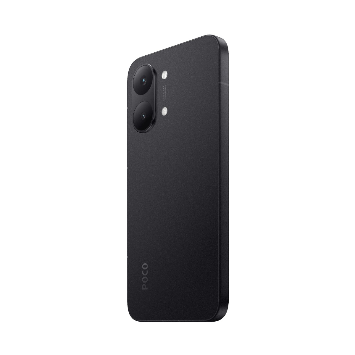 Un smartphone Poco noir vu de dos, avec double appareil photo et logo.
