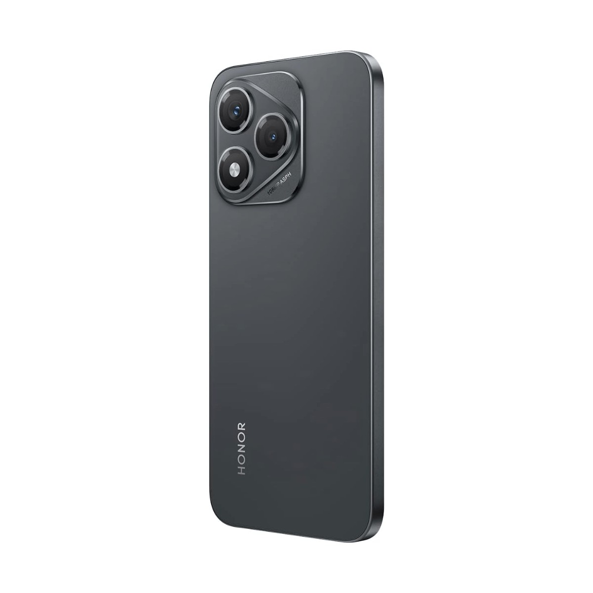 Uno smartphone Honor grigio scuro visto da dietro, con modulo a tripla fotocamera e logo.