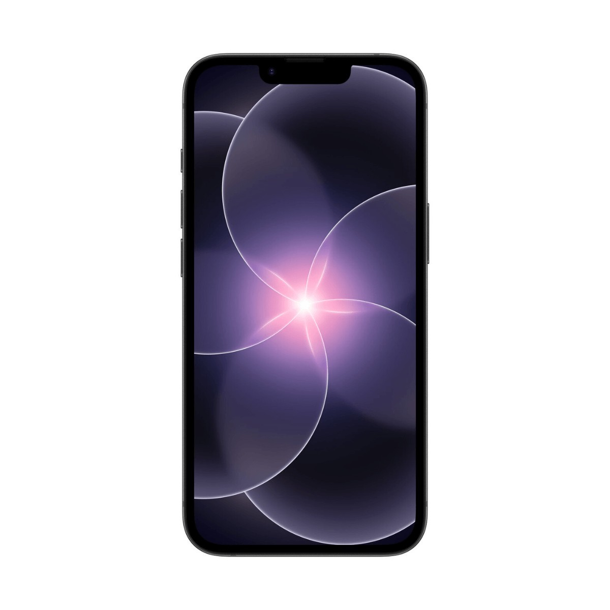 Uno smartphone con custodia nera e uno sfondo viola astratto sullo schermo.