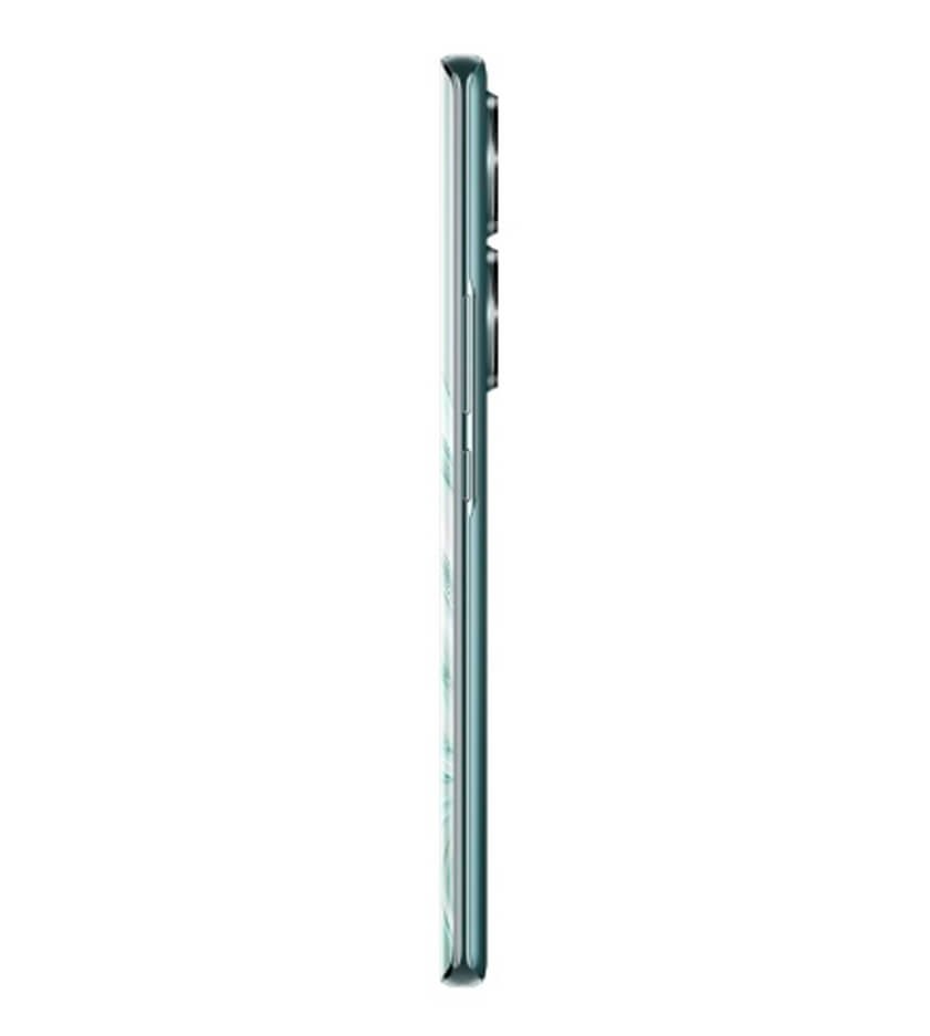 Vista laterale di uno smartphone verde acqua con bordi curvi.