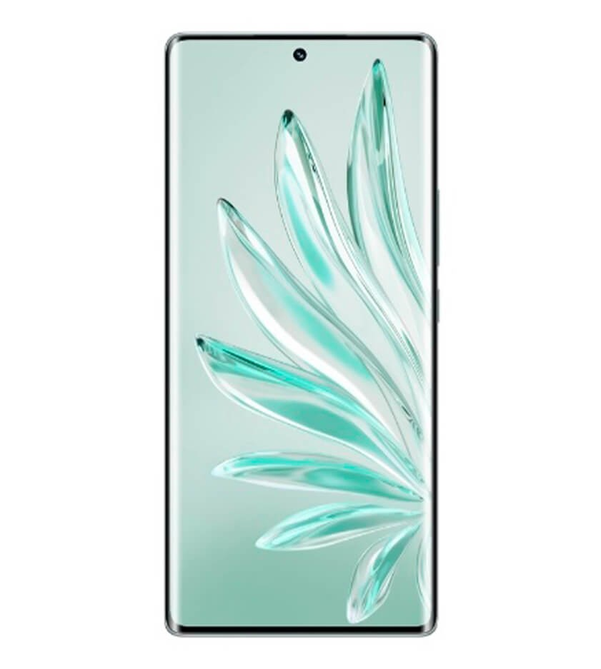 Uno smartphone senza bordi mostra un design verde chiaro con forme curve simili a piume di vetro.