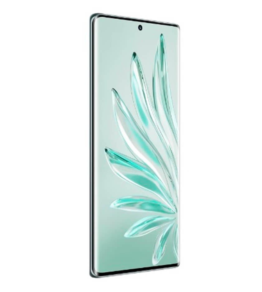 Uno smartphone inclinato a sinistra mostra uno schermo verde brillante con grafica astratta di piume su sfondo bianco.