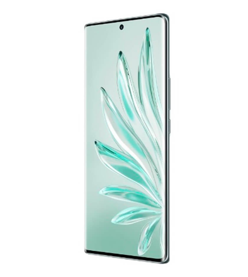 Uno smartphone con schermo curvo e sfondo con piume verde chiaro.