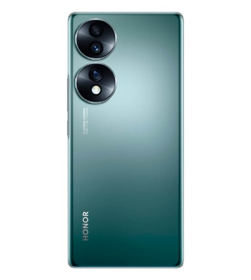 Il retro di uno smartphone verde con due moduli fotocamera circolari in alto a sinistra e il logo Honor in basso a sinistra.