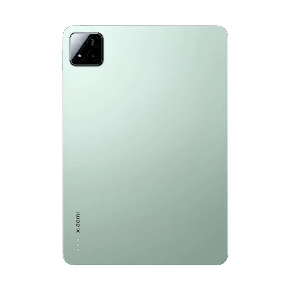 Il retro di un tablet Xiaomi verde chiaro con modulo fotocamera in alto a sinistra e logo in basso.