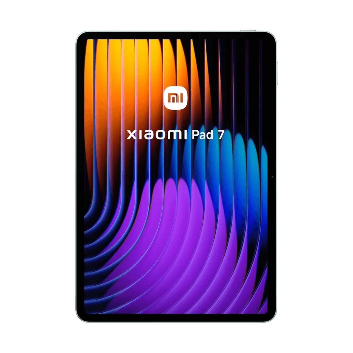 Vista frontale del tablet Xiaomi Pad 7 che mostra un vibrante sfondo astratto arancione e viola con il logo.