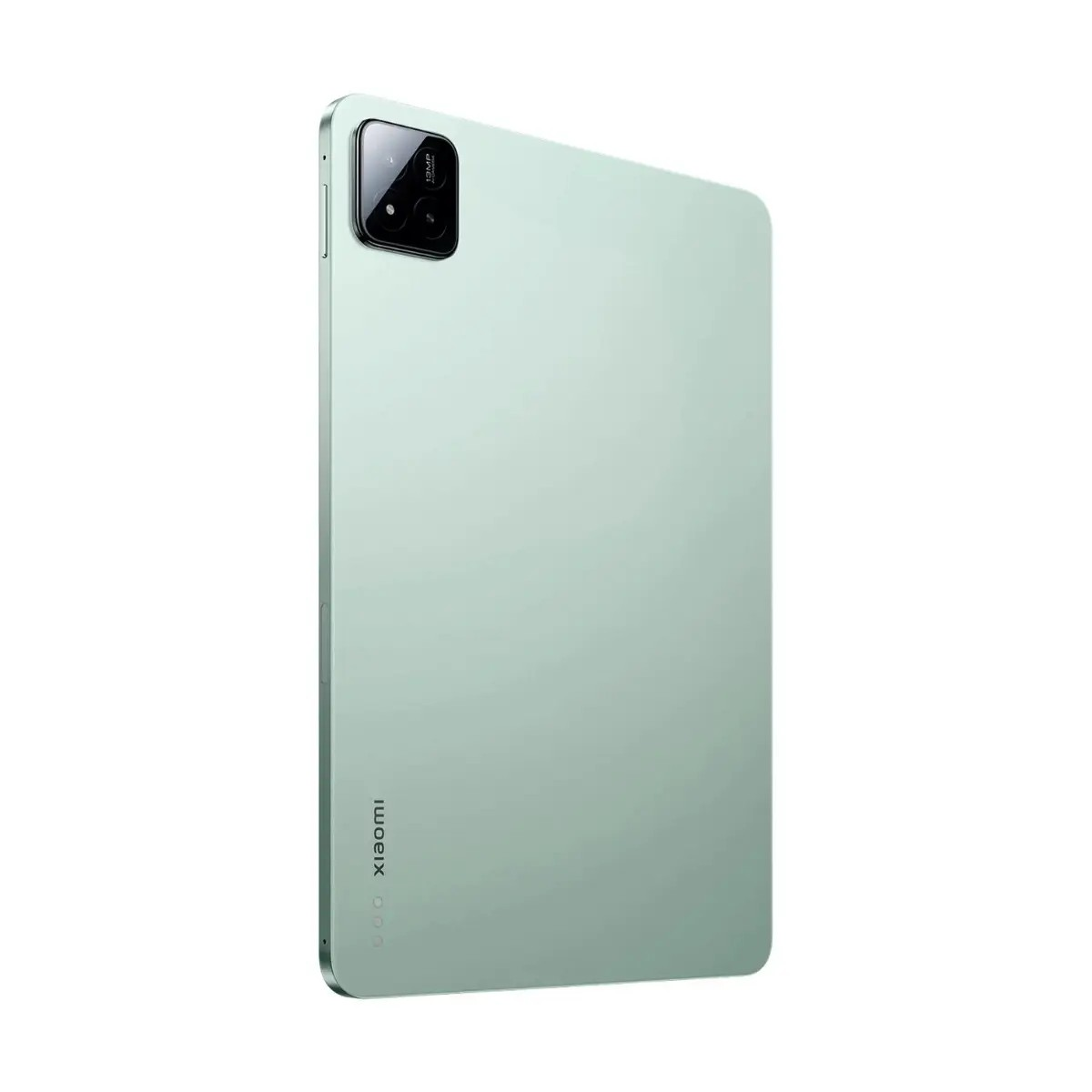 Vista posteriore di un tablet Xiaomi verde chiaro con fotocamera doppia e logo su sfondo bianco.