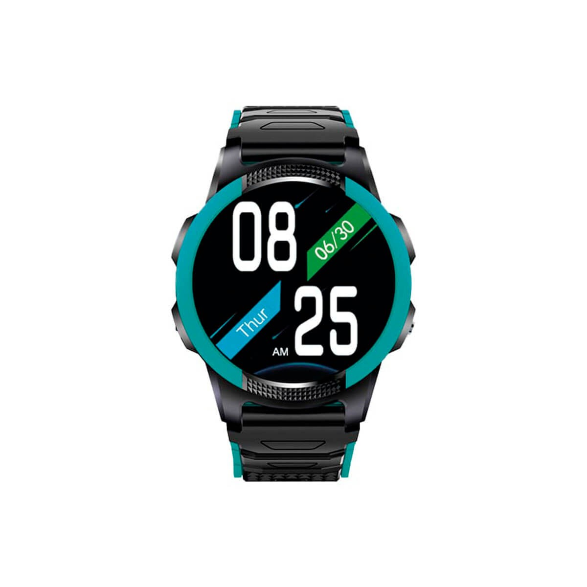 Uno smartwatch sportivo nero con cassa turchese mostra le 08:25 e la data.