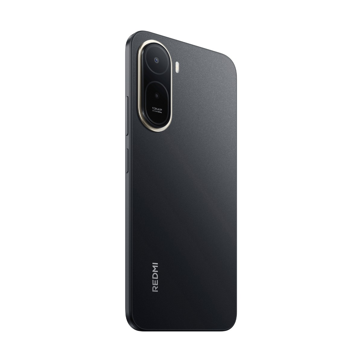 Rückseite eines schwarzen Redmi-Smartphones mit vertikaler Dual-Kamera und Redmi-Logo.