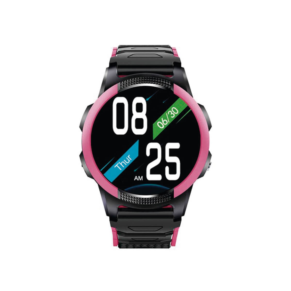 A black smartwatch with a pink bezel and strap displaying digital time 08:25 on a white background.