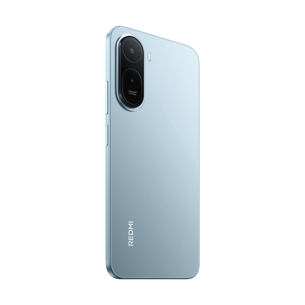 Ein hellblaues Redmi-Smartphone wird von hinten gezeigt, mit vertikalem Dual-Kameramodul und Markenlogo.