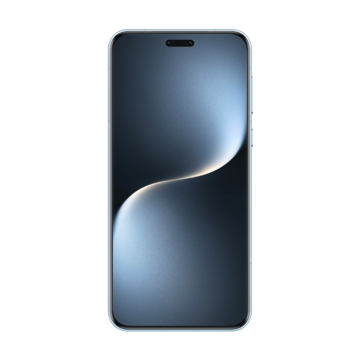 Uno smartphone con bordo blu e un motivo luminoso curvo sul display.