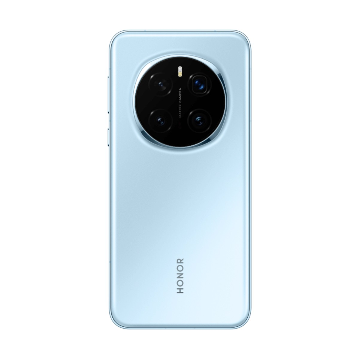 Retro di uno smartphone Honor azzurro con un ampio modulo fotocamera rotondo.