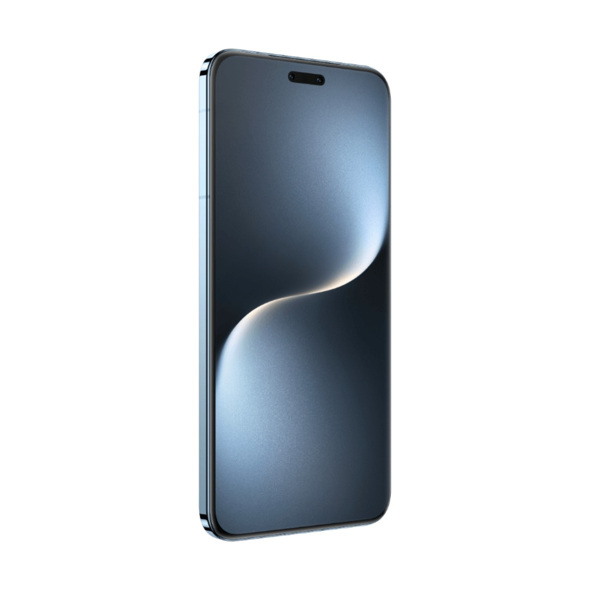 Uno smartphone blu elegante inclinato, con uno sfondo a onde luminose sullo schermo scuro.