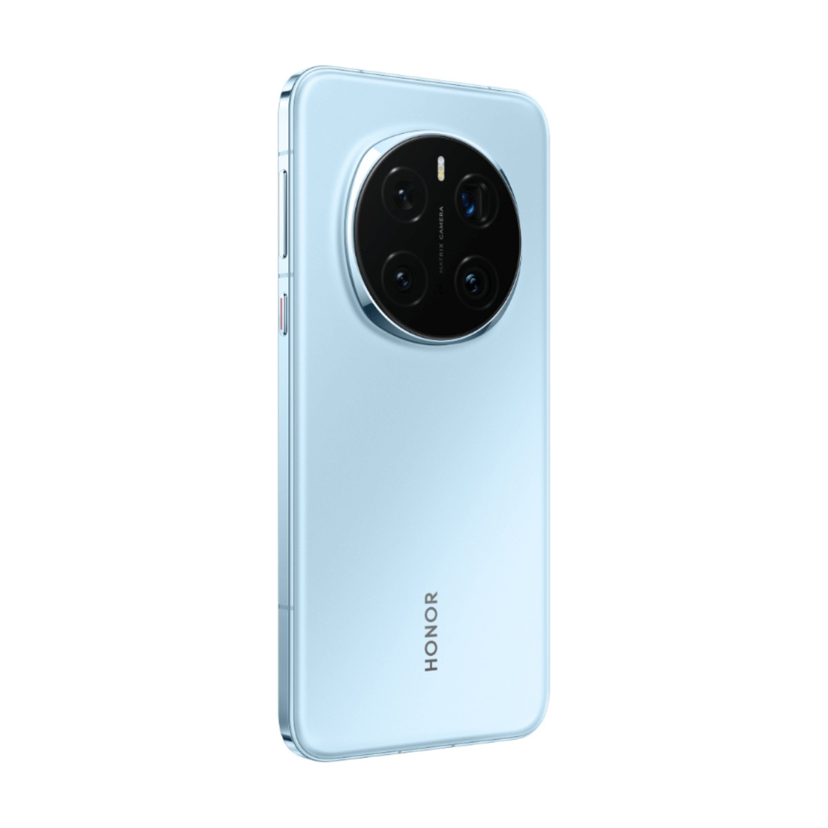 Smartphone azzurro visto dal retro, con un grande modulo fotocamera circolare e logo Honor.