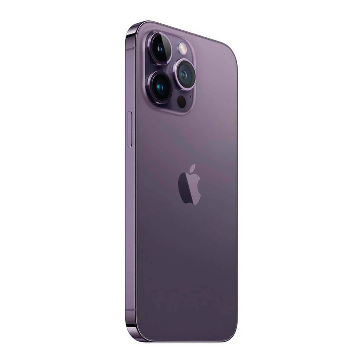 Widok z tyłu fioletowego smartfona z potrójnym obiektywem aparatu i logo Apple.