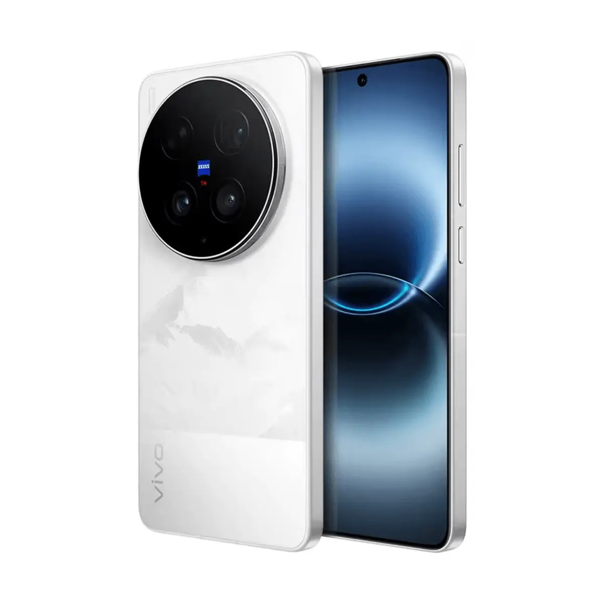 Weißes Vivo-Smartphone mit runder Kamera auf der Rückseite und eingeschaltetem Bildschirm.