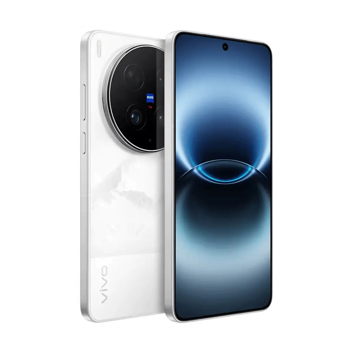 Weißes Vivo-Smartphone mit runder Kamera und blau leuchtendem Bildschirm.