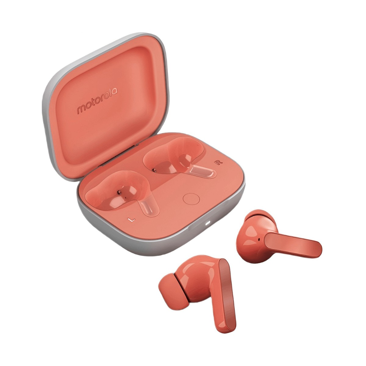 Auriculares internos Motorola de color salmón con estuche de carga gris sobre fondo blanco.
