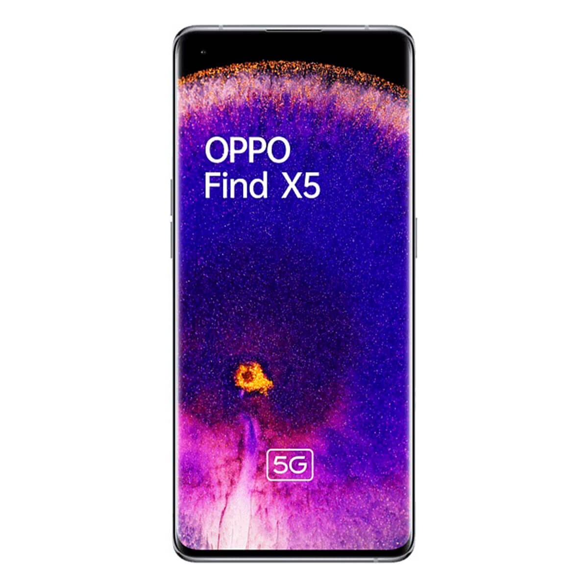Smartphone Oppo Find X5 con uno sfondo viola e arancione vibrante e la scritta 5G.
