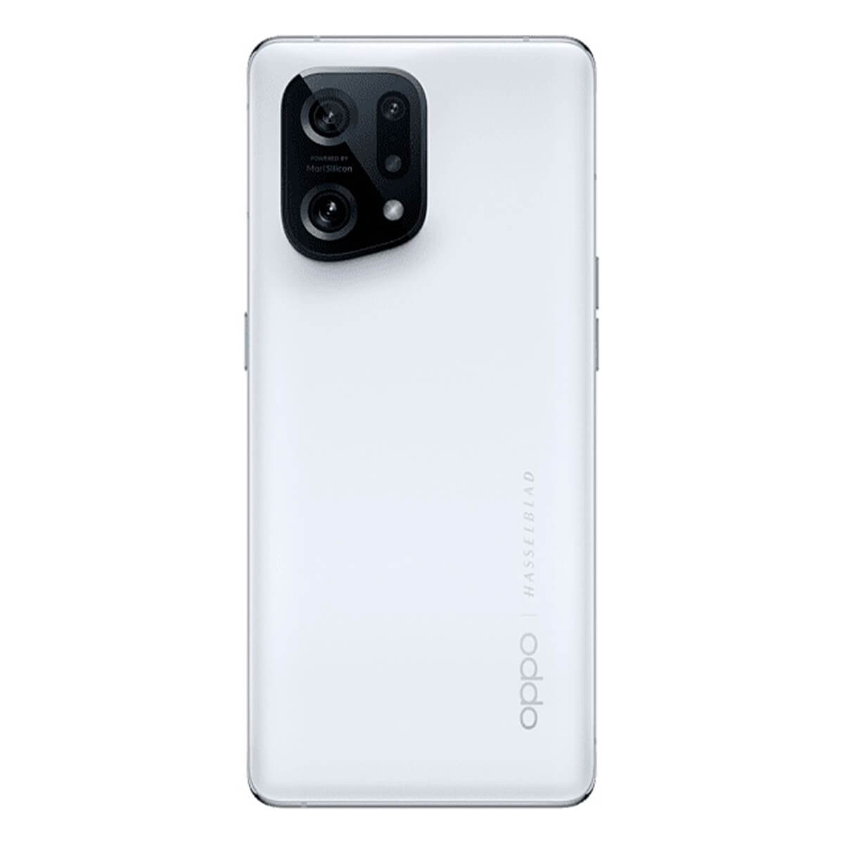 Il retro di uno smartphone bianco con un grande modulo fotocamera nero e il marchio Oppo Hasselblad.