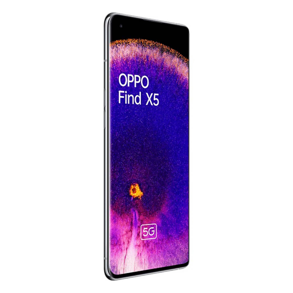 Uno smartphone Oppo Find X5 che mostra uno sfondo colorato e il logo 5G.