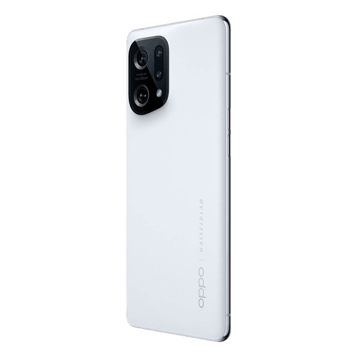 Vista posteriore di uno smartphone Oppo bianco con modulo fotocamera rettangolare su sfondo bianco.
