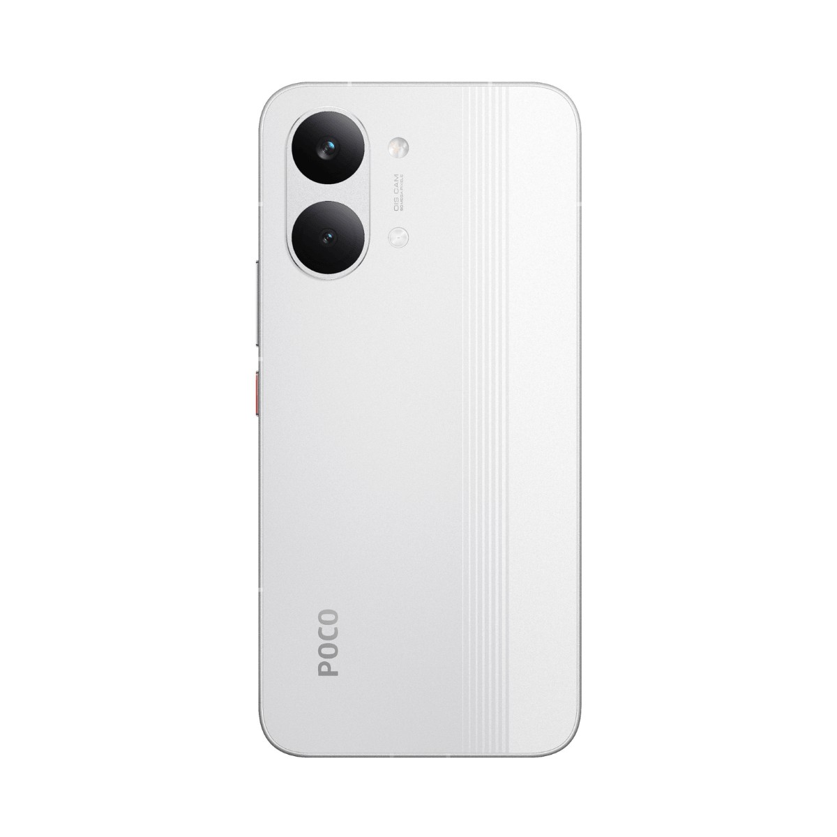 Retro bianco di uno smartphone POCO con due obiettivi fotografici verticali e linee verticali a destra.