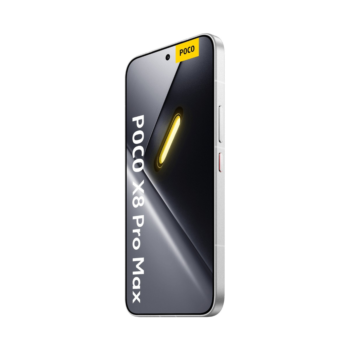 Smartphone Poco X8 Pro Max con cornice argento e grafico luminoso giallo a forma di pillola sullo schermo.
