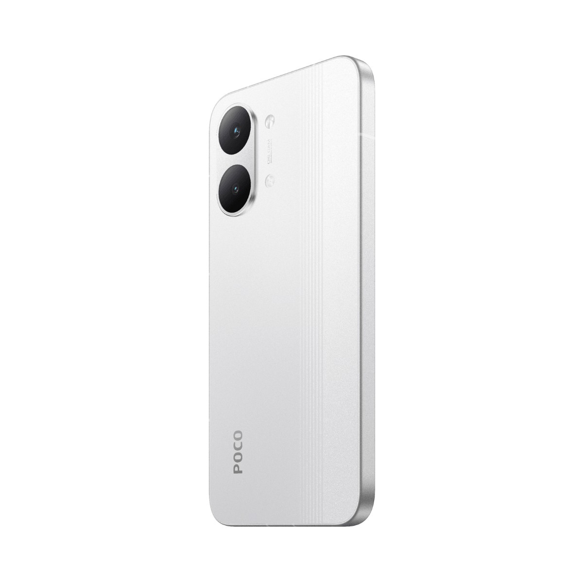 Retro di uno smartphone POCO bianco con due obiettivi fotografici verticali su sfondo bianco.