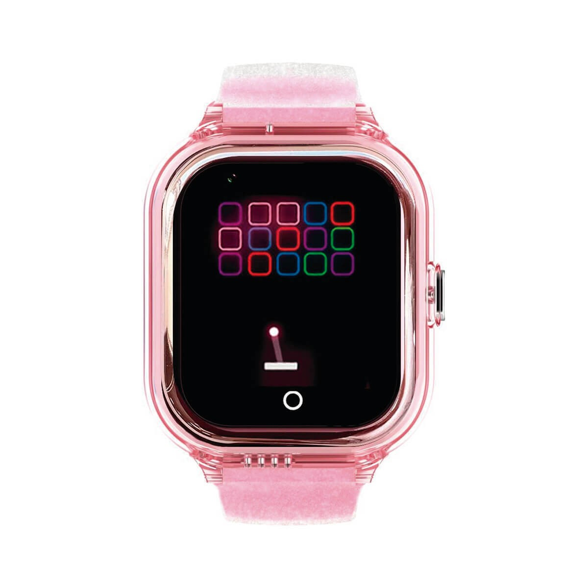 Pink smartwatch with a transparent case and digital display showing colorful icons and time.