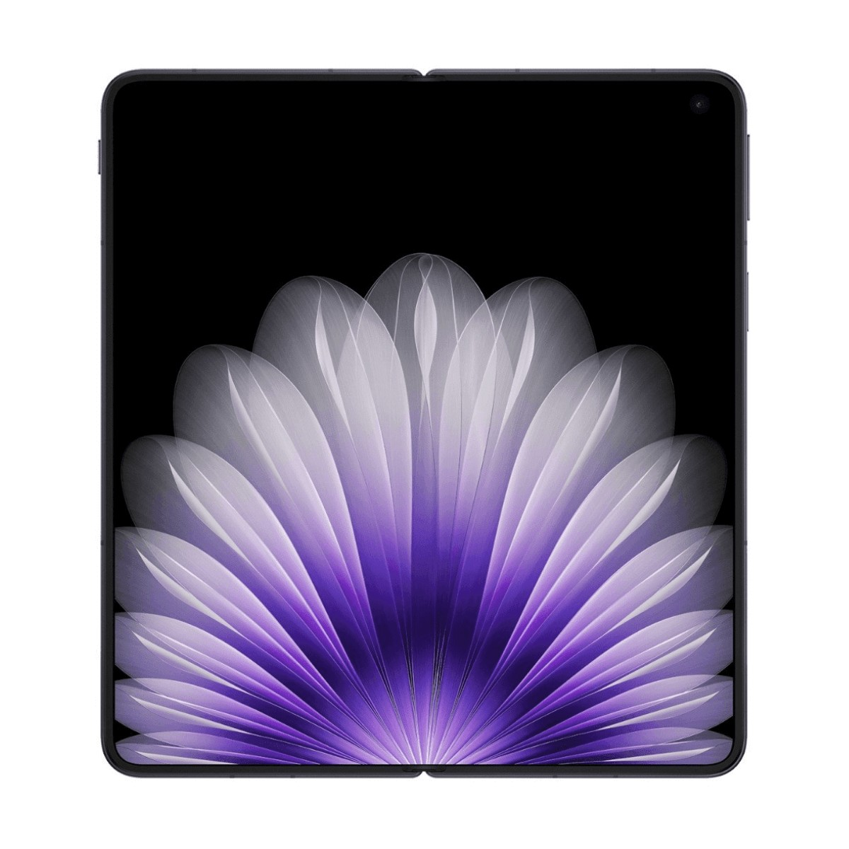 Uno smartphone pieghevole aperto che mostra una grafica viola a forma di fiore sullo schermo.