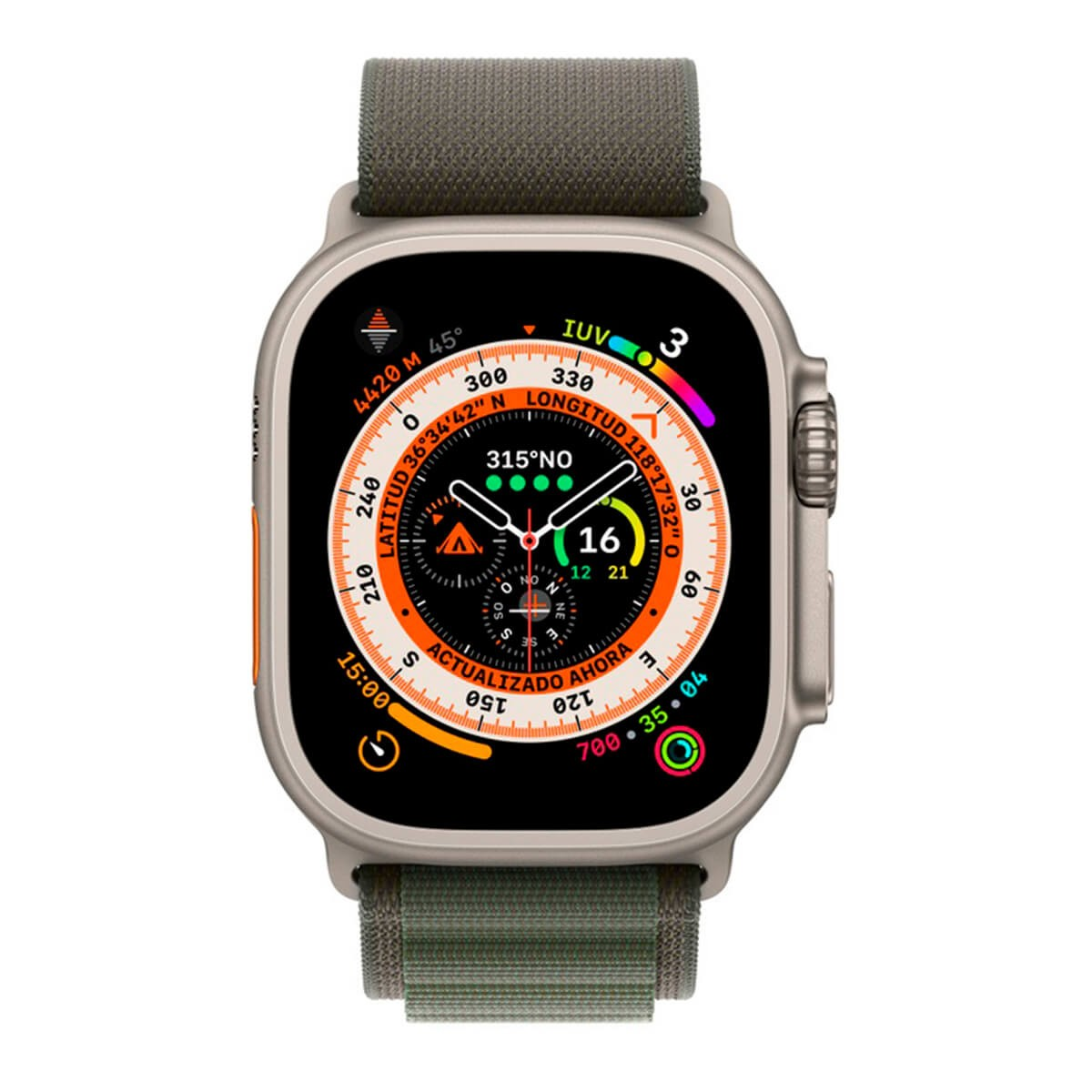 An Apple Watch Ultra with an olive green fabric strap and a digital compass watch face.