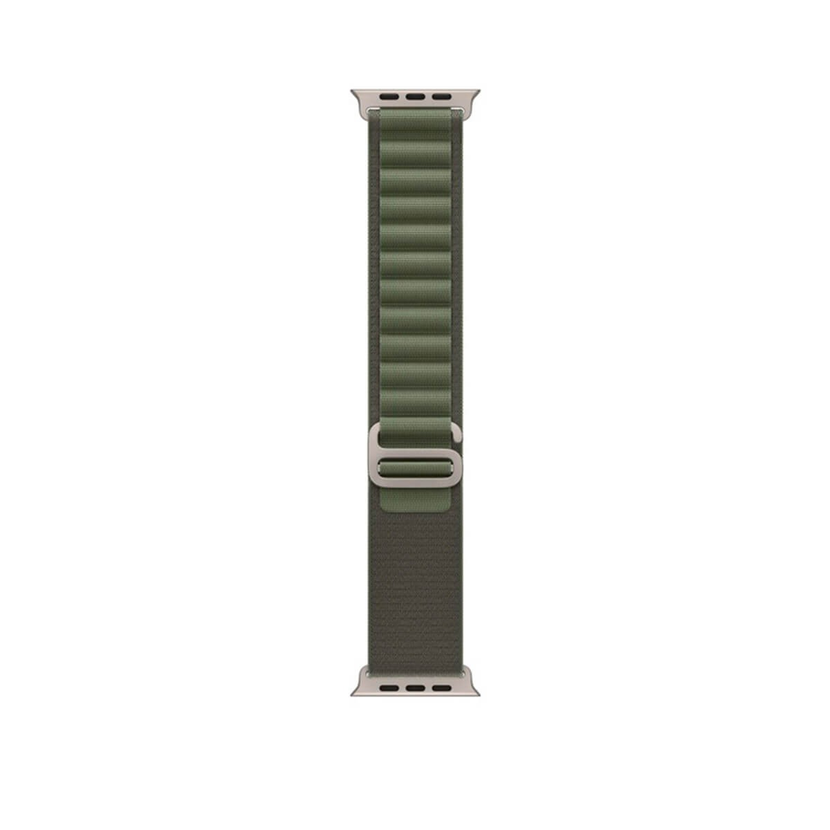 A green textile smartwatch strap with a metal buckle and silver connectors.