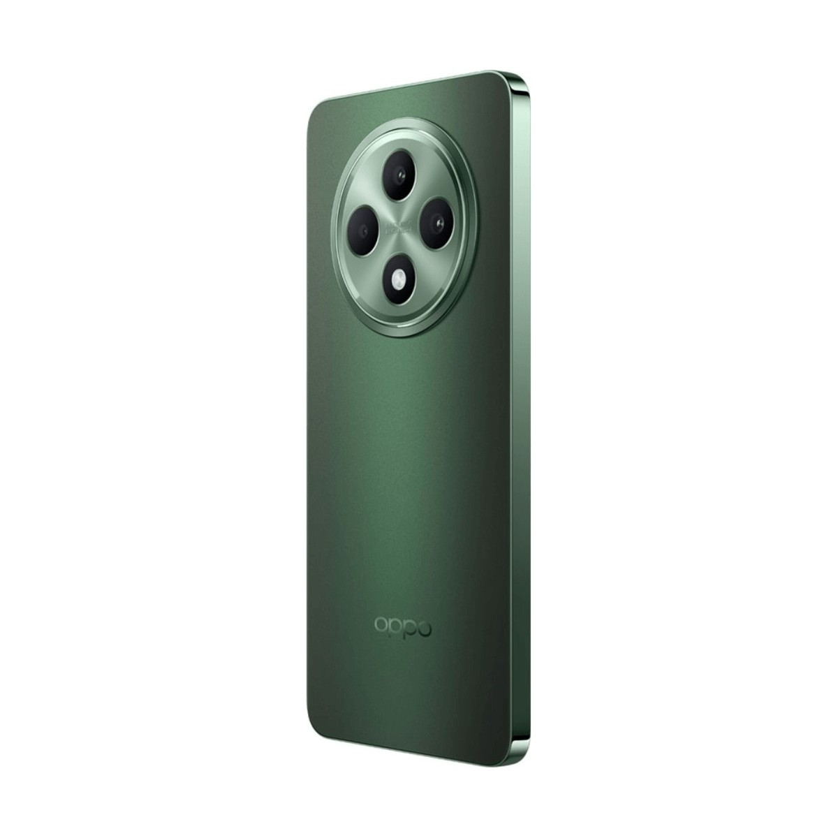 Vista trasera de un smartphone Oppo verde con un gran módulo de cámara redondo.