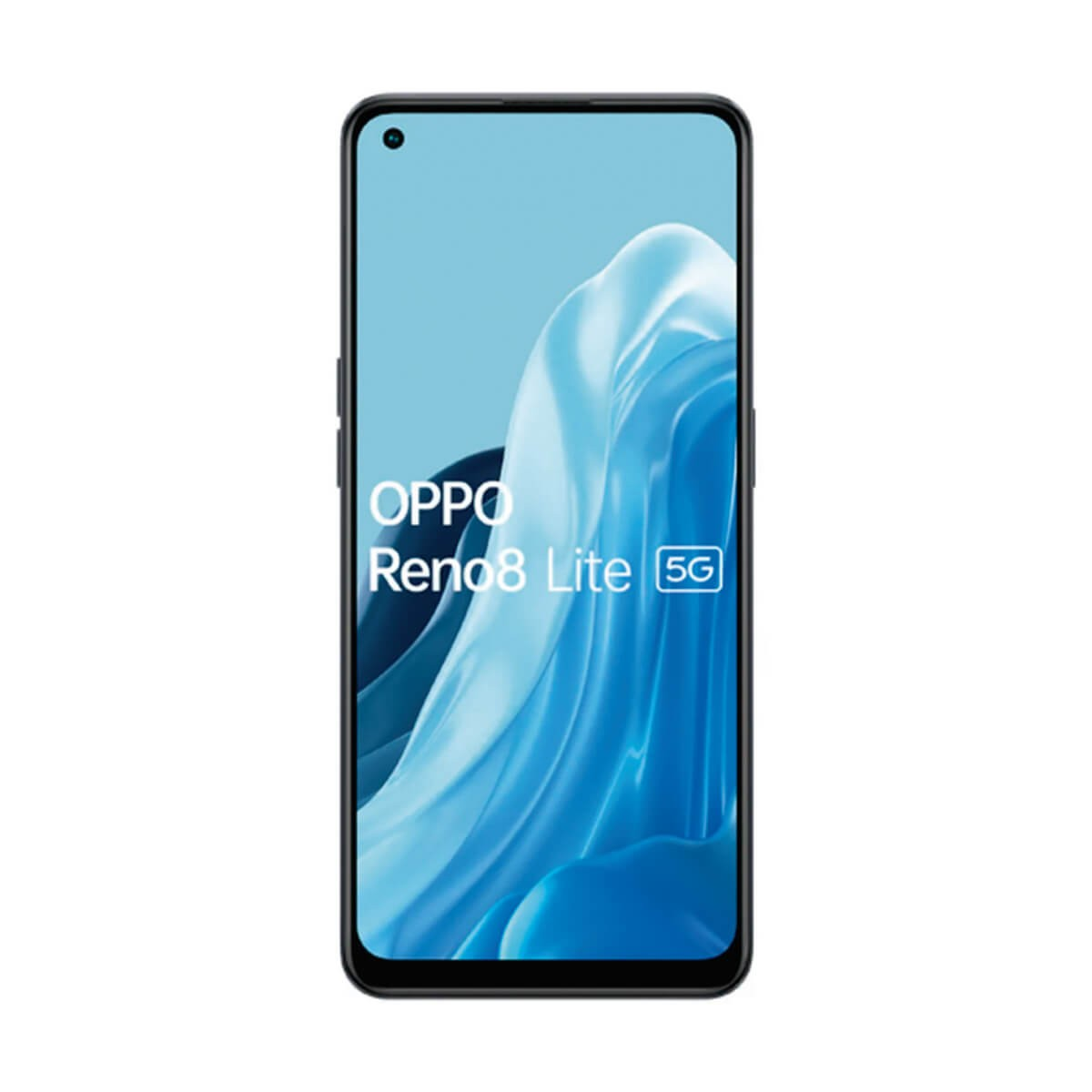 Un smartphone Oppo Reno8 Lite 5G con un fondo de pantalla azul abstracto y el nombre del modelo.