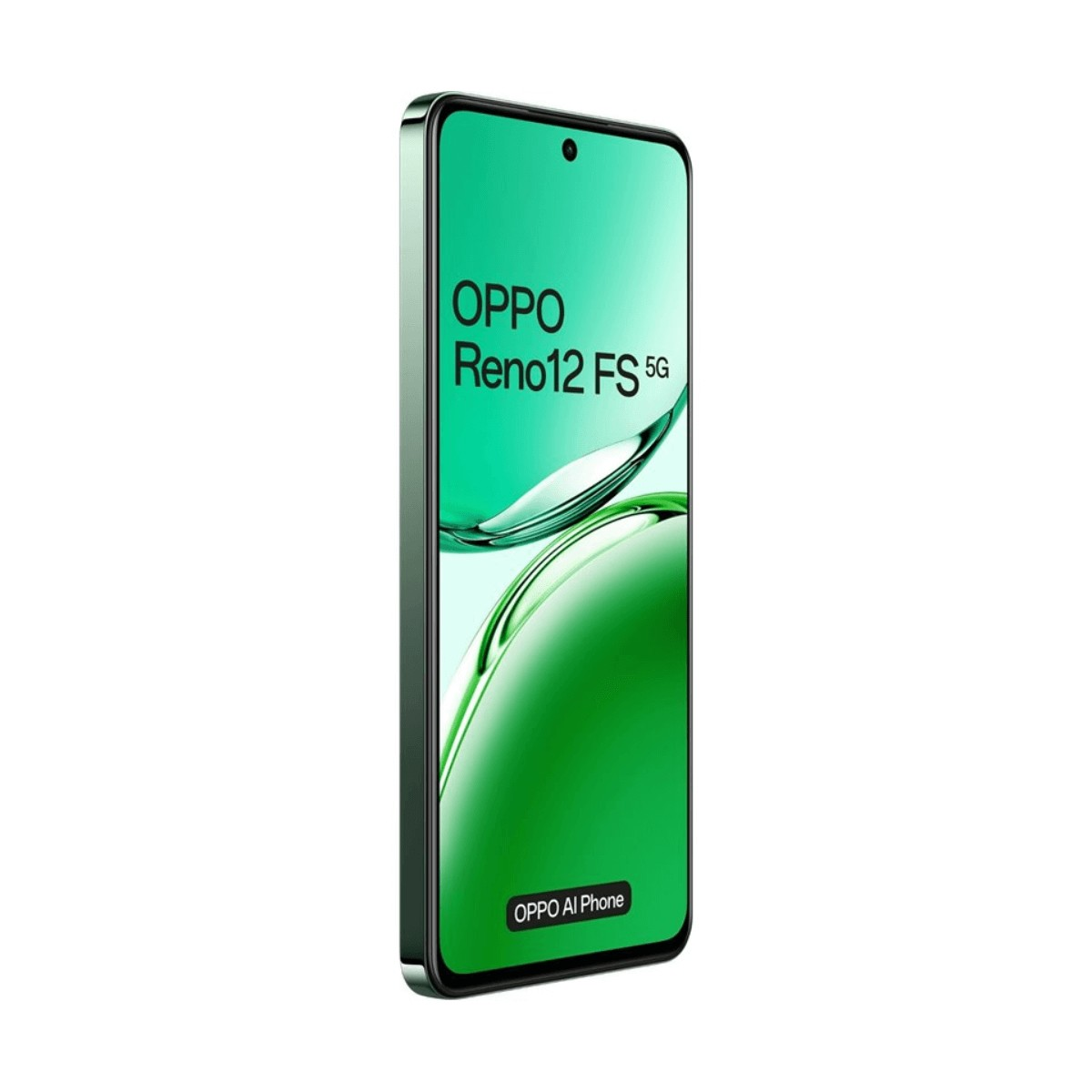 Un smartphone Oppo Reno12 FS 5G en verde, mostrando su pantalla con texto sobre fondo blanco.