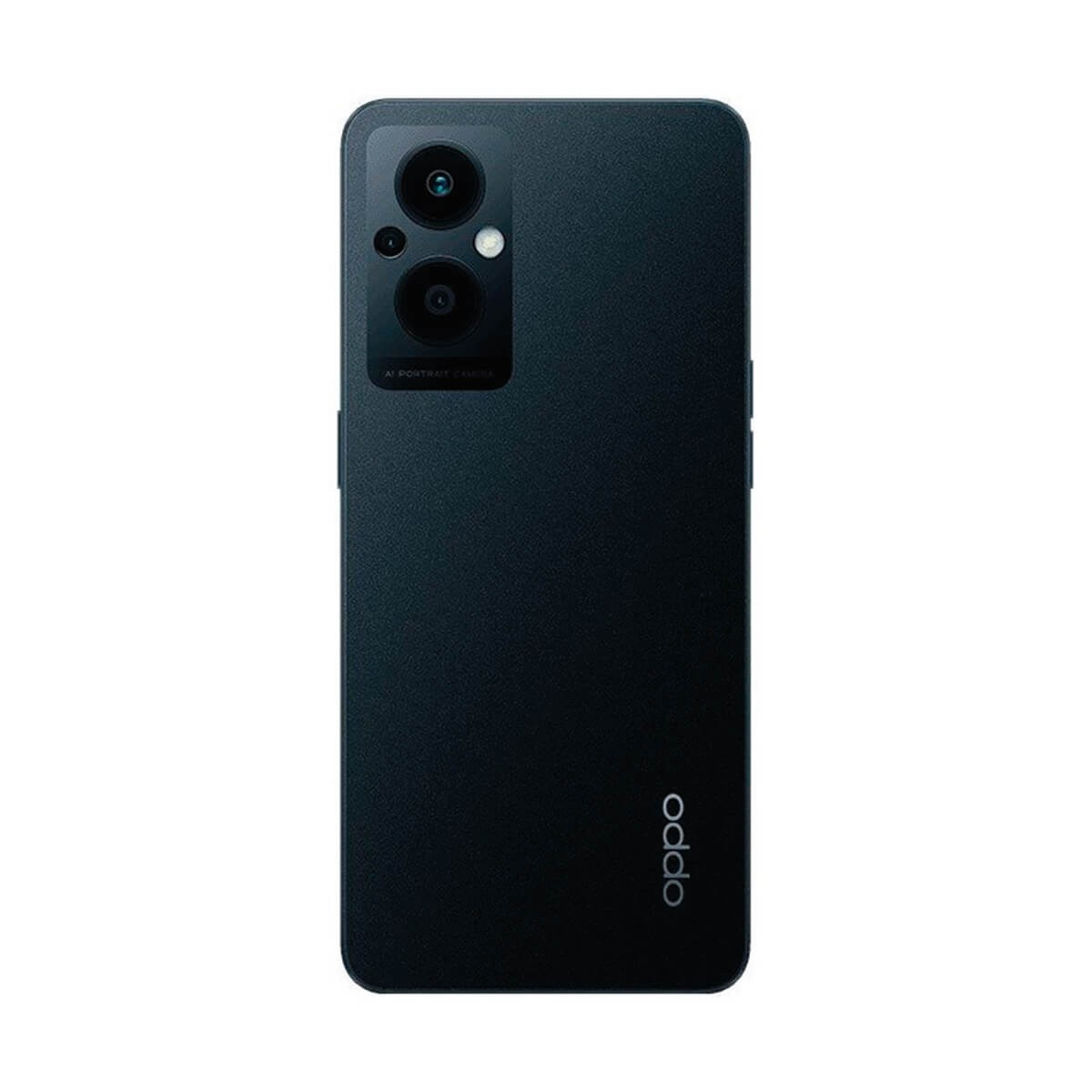 Parte trasera de un teléfono inteligente Oppo negro con un módulo de cámara vertical arriba a la izquierda y el logotipo de Oppo abajo a la derecha.