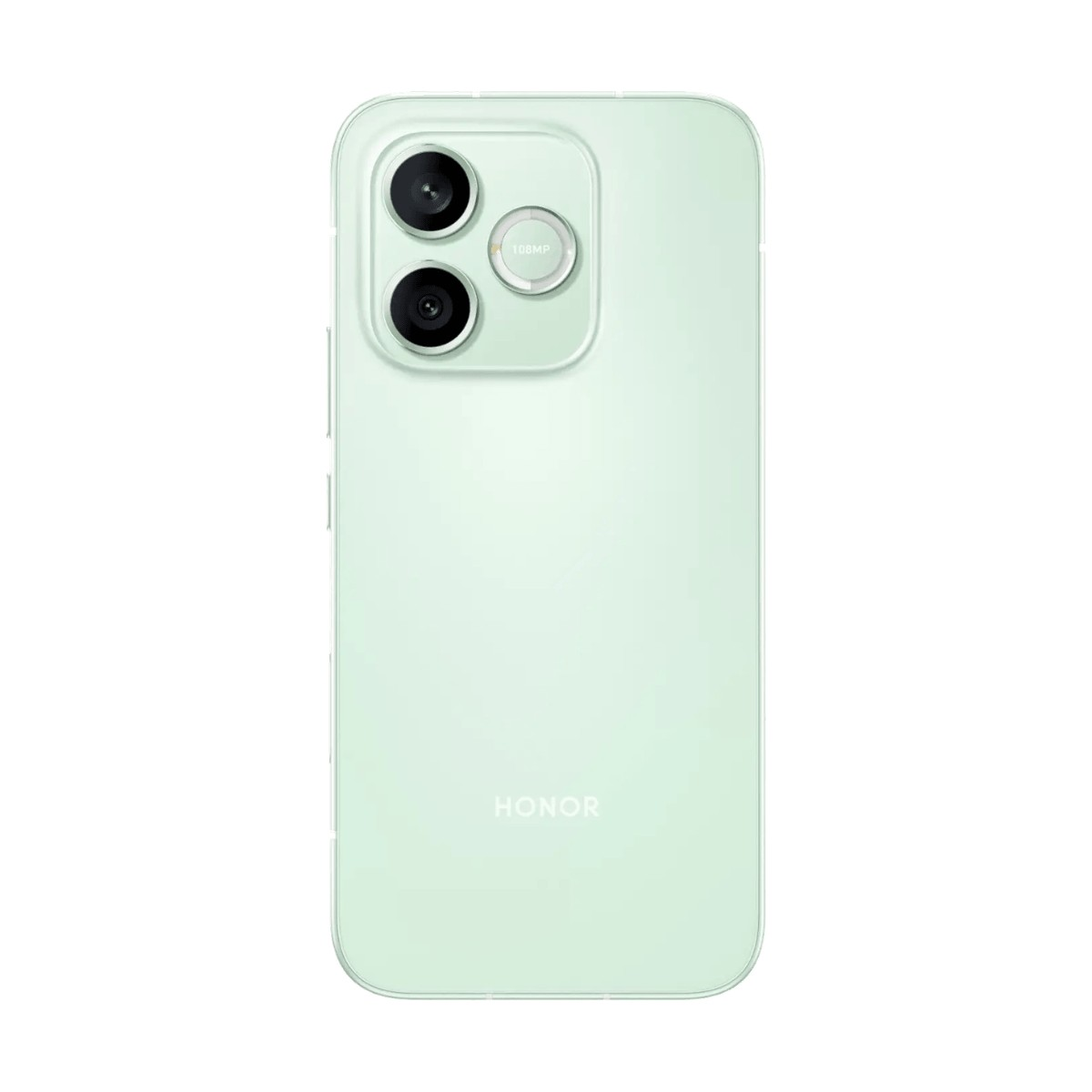 Il retro di uno smartphone Honor verde chiaro con doppia fotocamera verticale e il logo Honor.