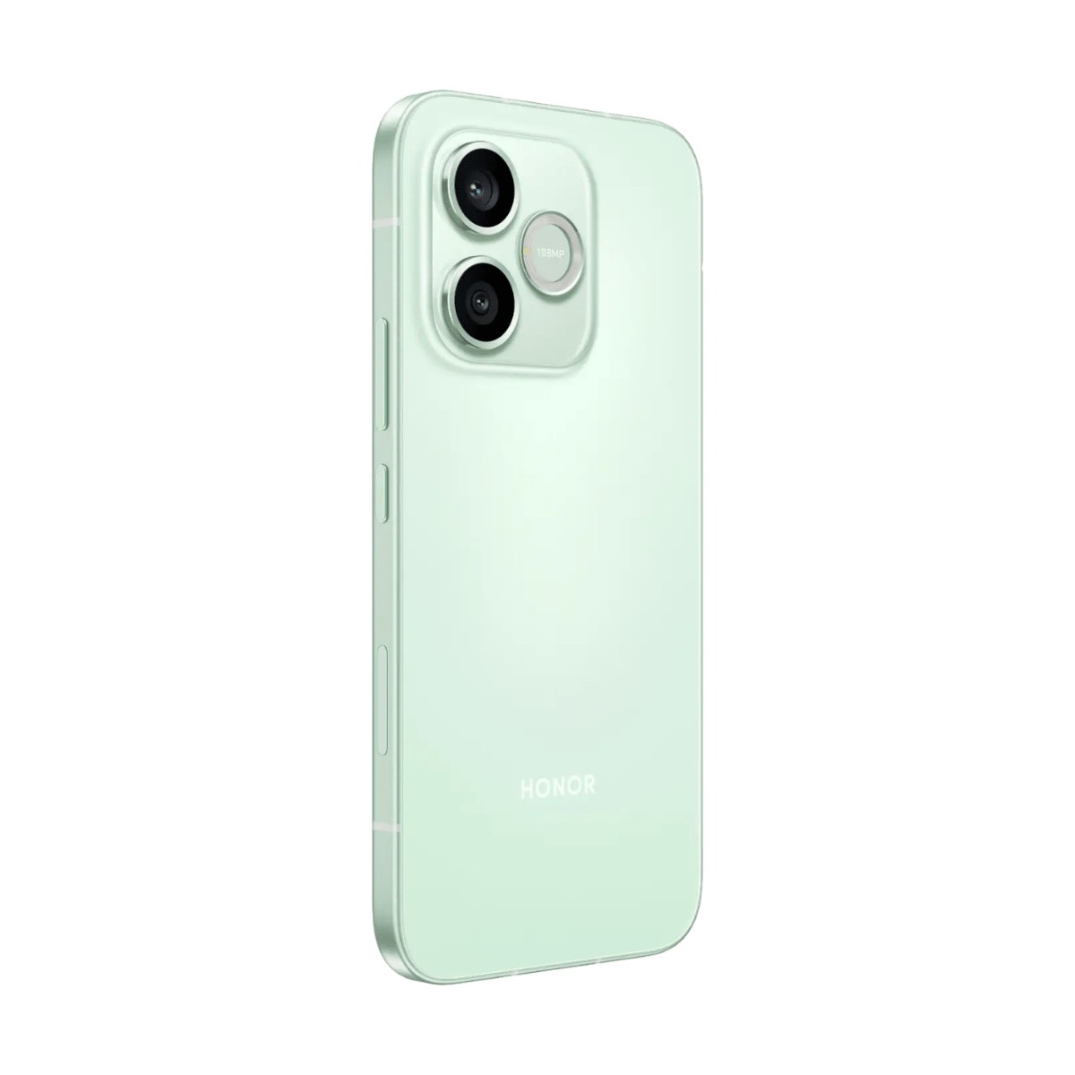 Smartphone verde chiaro con modulo a doppia fotocamera e logo Honor sul retro.