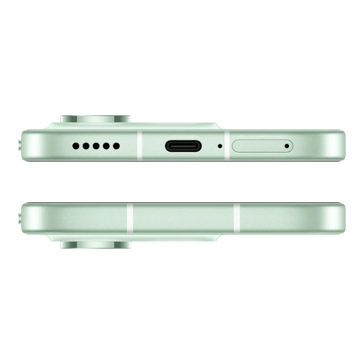 Bordi di uno smartphone verde con porta USB-C, altoparlante e carrellino SIM su sfondo bianco.