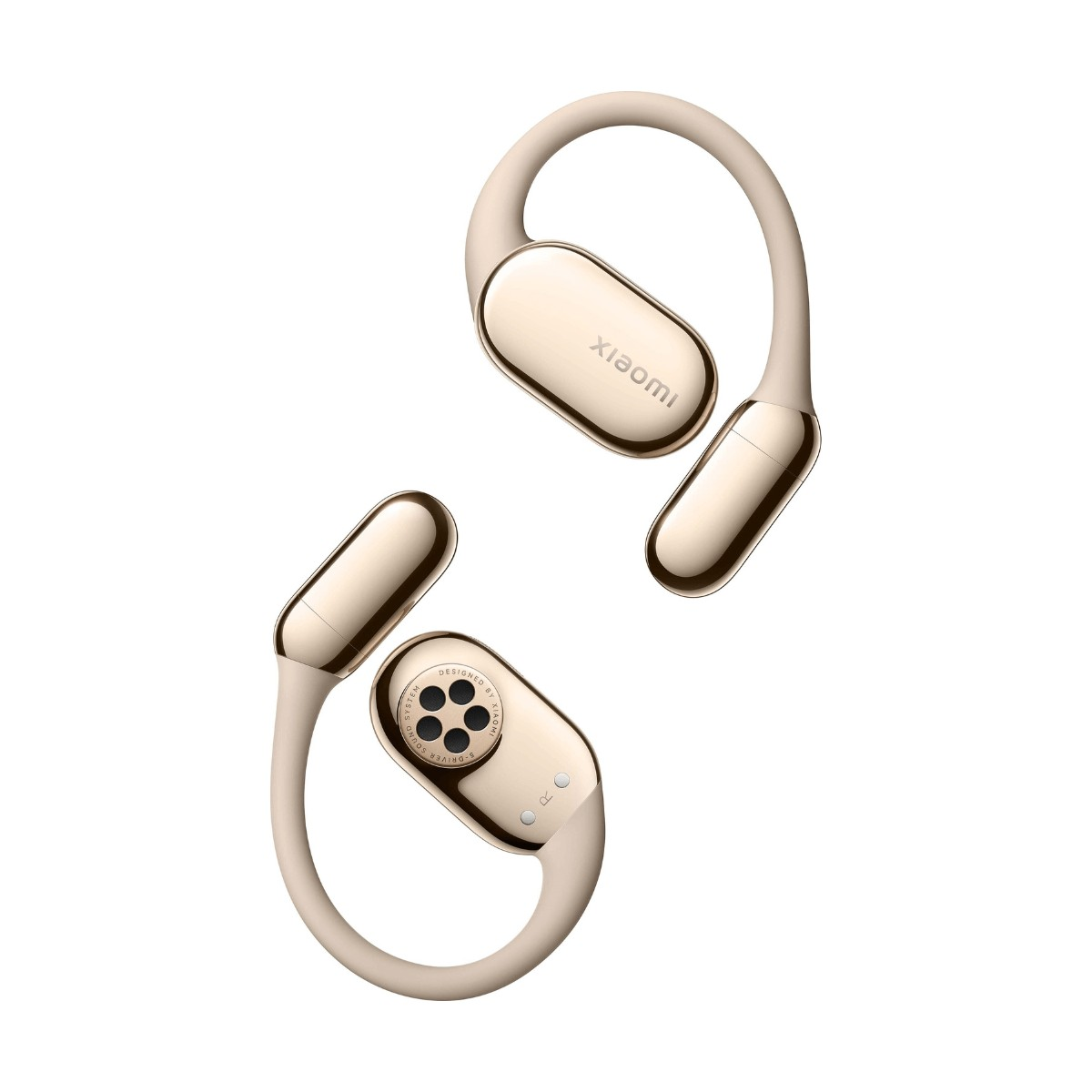 Cuffie open-ear Xiaomi color oro con ganci per le orecchie su sfondo bianco.