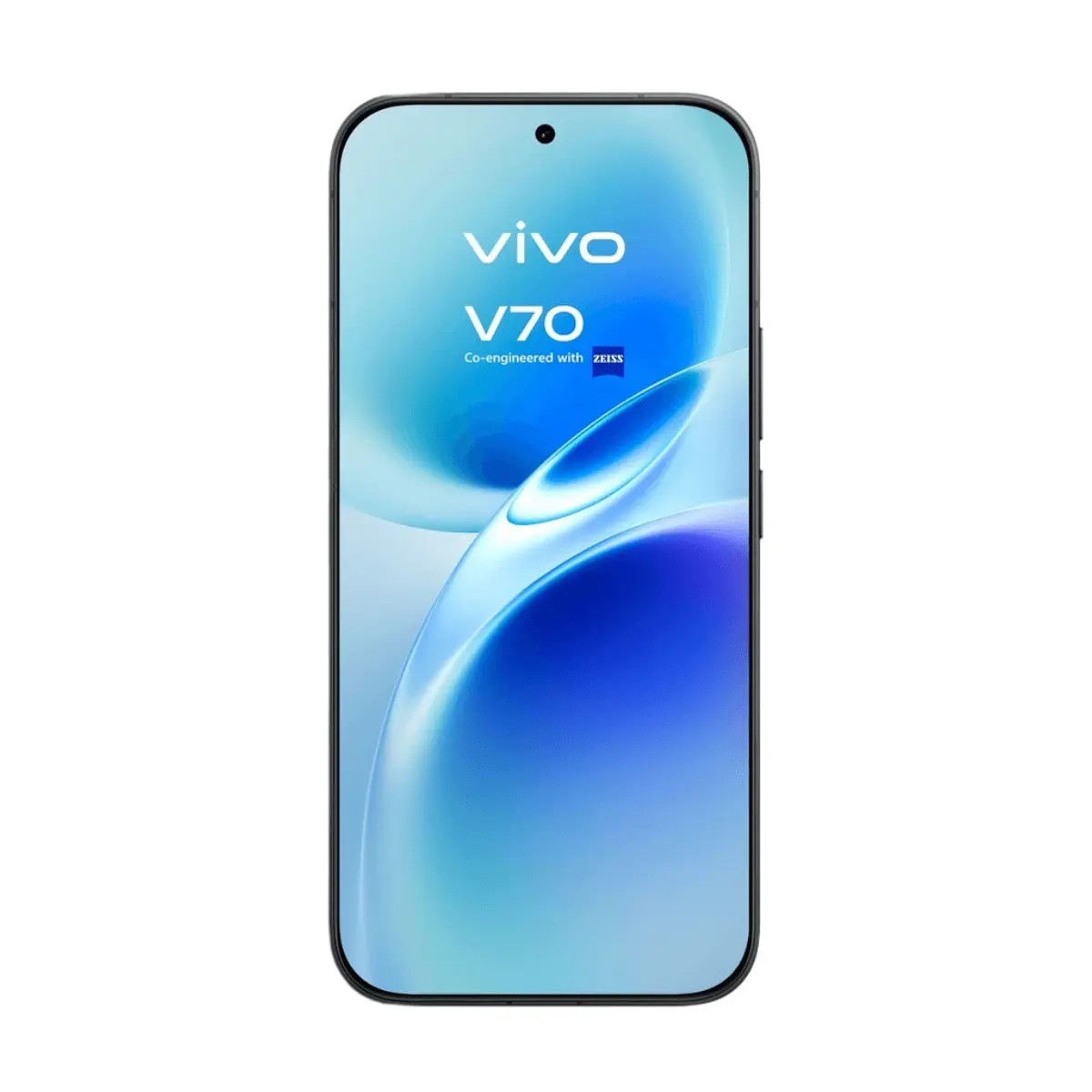 Vista frontale di uno smartphone Vivo V70 con sfondo blu e logo Zeiss sullo schermo.